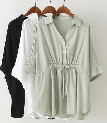 Maternity Summer Blouse with V-Neck and Drawstring